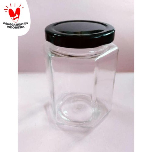 Jar Hexagonal 320 ML / Toples Kaca 320 ML / Jar Hexa Tutup Hitam