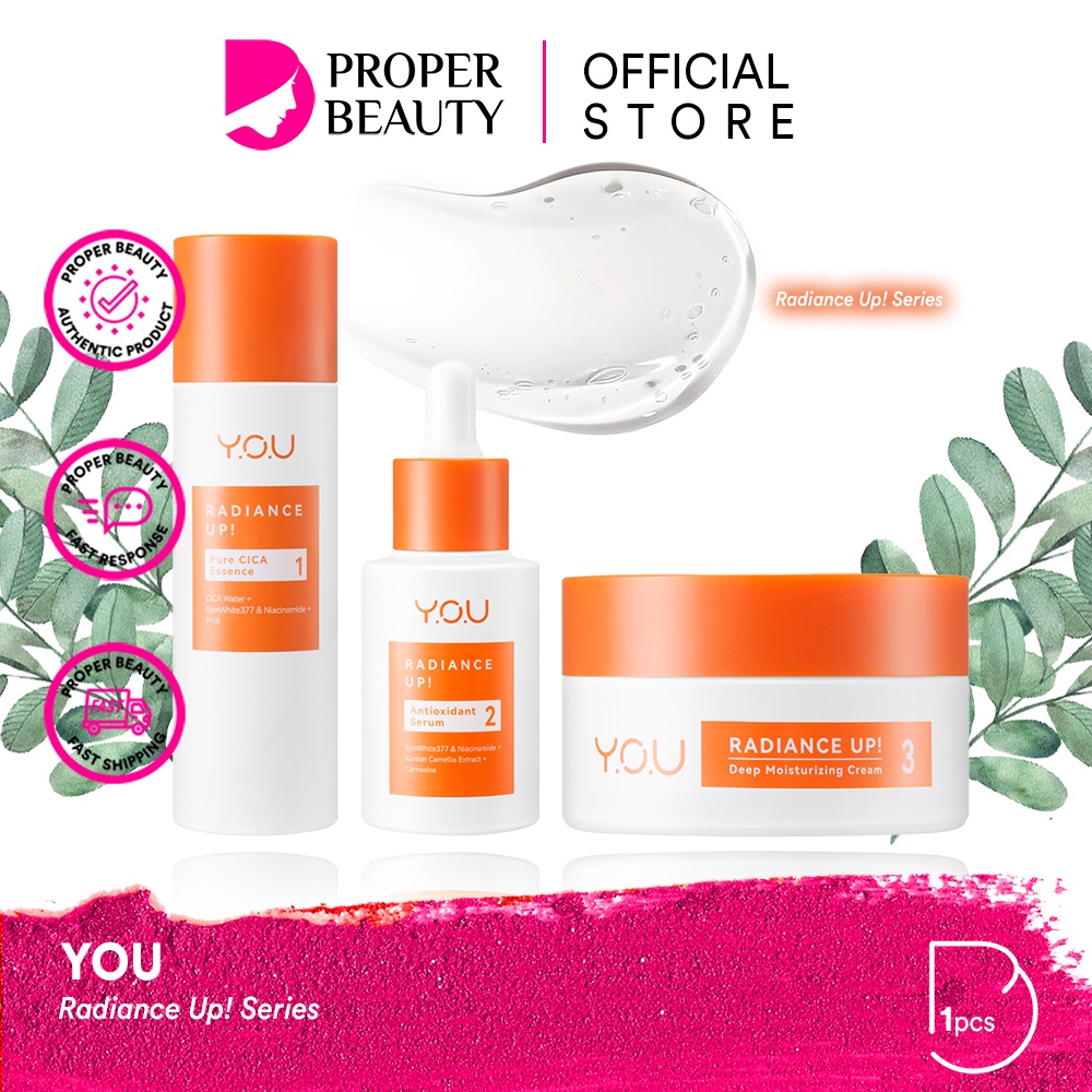 YOU Radiance Up! Series Indonesia / 3 Step Brightening Skin Look / Pure Cica Essence Antioxidant Serum Deep Moisturizing Cream / SymWhite 377 Niacinamide Vitamin C / Pelembab Mencerahkan Wajah Muka / Facial Wash Toner Mask Sunscreen / Y.O.U Paket Bundle