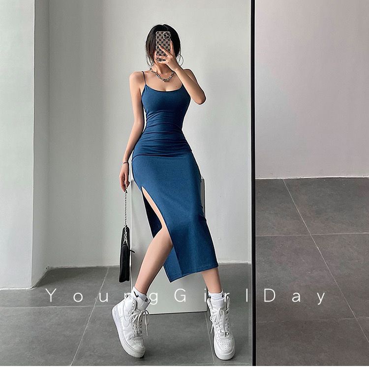 Red Eropa dan Amerika Seksi Gadis Panas Acara Dada Acara Pinggang Tipis Elastis Tinggi Celah Tali Pinggang Tas Hip Gaun Acara Gambar Rok Panjang