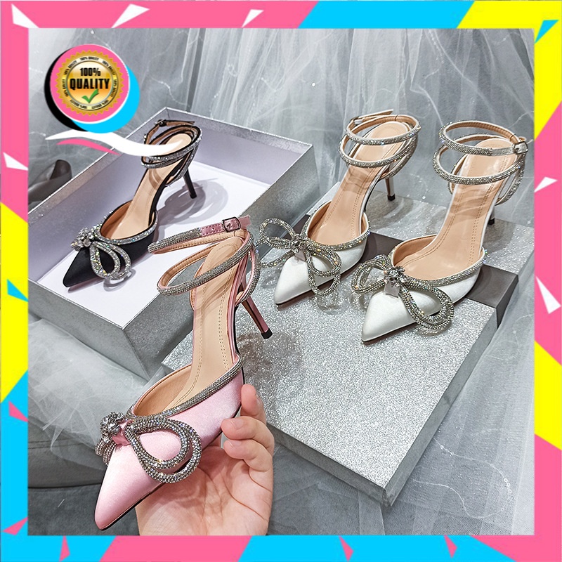 Sepatu Wanita Wedges  Menunjuk Toe Sandal    Fashion Ikatan Simpul Berlian Imitasi Stiletto Sepatu H