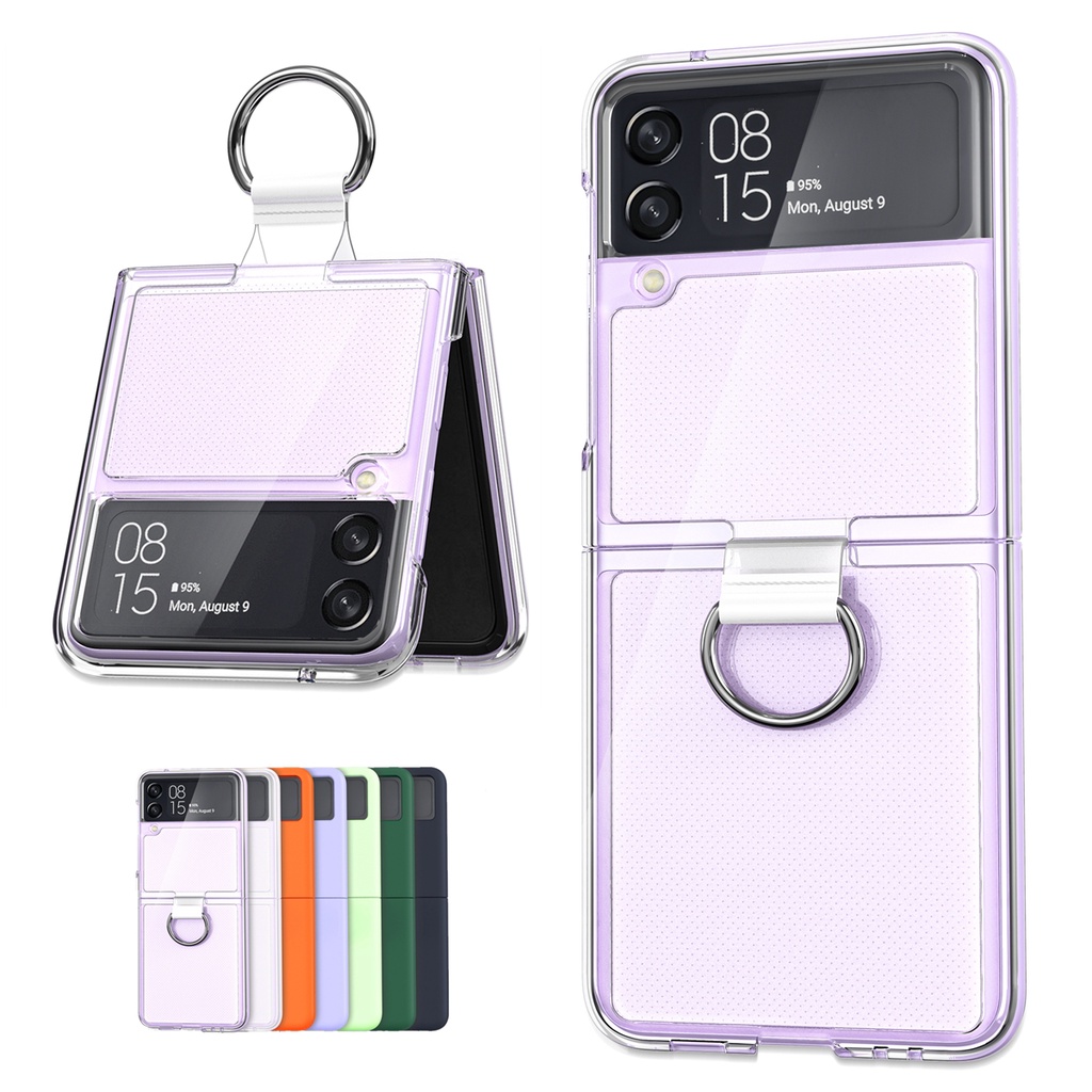 Casing Hard Case Bahan PVC Frosted Transparan Ultra Tipis Anti Jatuh Dengan Ring Holder Untuk Samsung Galaxy Z Flip 3