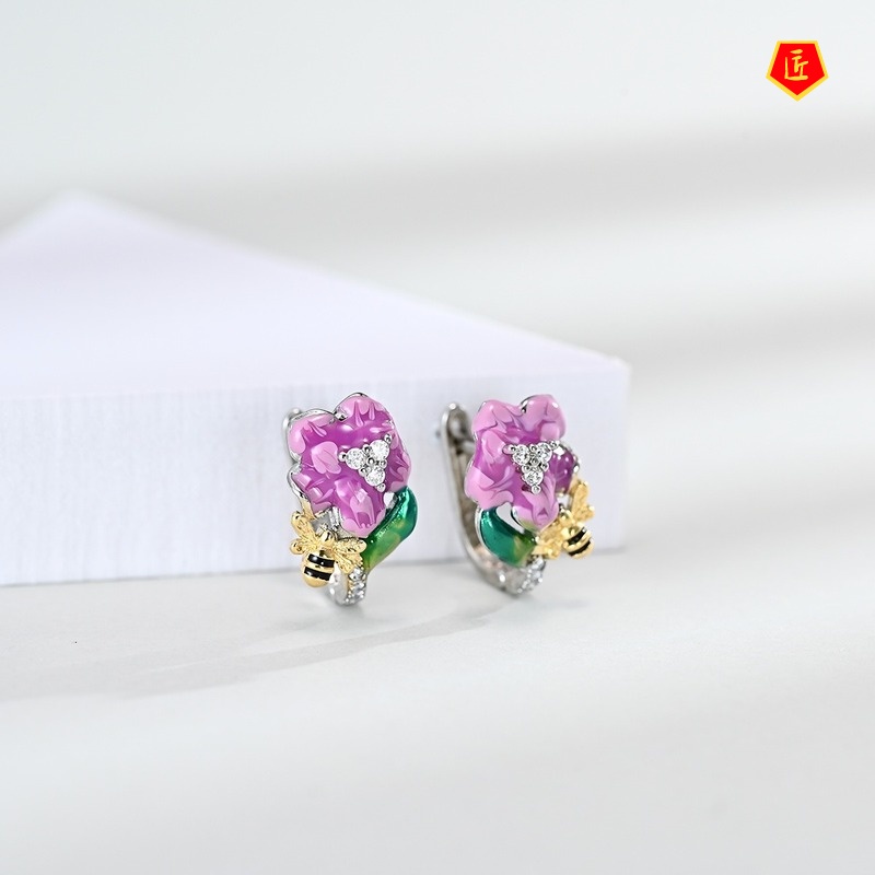 [Ready Stock]Bee Two-Tone Earrings Pink Flower Rhinestone Necklace Set for Women