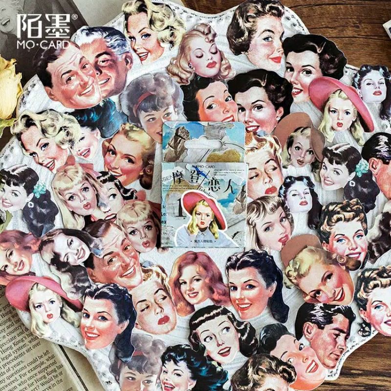 

45 PCS/BOX STIKER KERTAS TEMA VINTAGE GIRL FACE BULLET JURNAL LUCU MURAH DIY DIARY