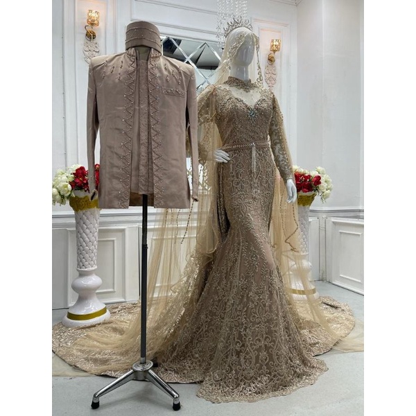 TERBARU COUPLE GAUN DRESS WEDDING | GAUN COUPLE MURAH | GAUN KEBAYA BEREKOR COUPLE BESKAP | BAJU PENGANTIN