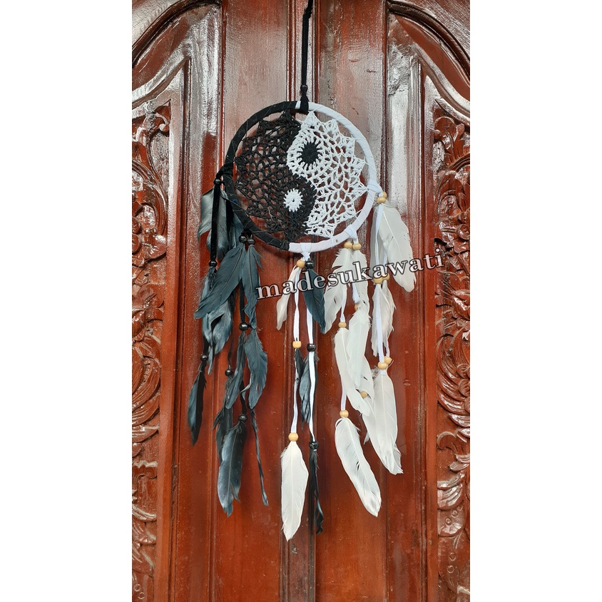 Dream catcher yin yang sulam jaring benang dekorasi hiasan gantungan bulu ayam