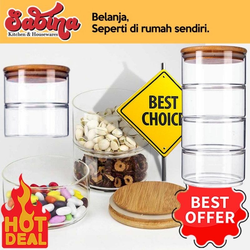 Toples Kaca Susun Tutup Bambu Penyimpanan Makanan