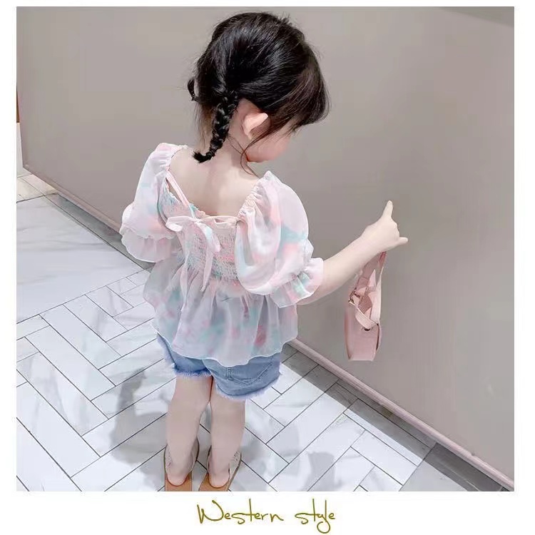 Kaos Chiffon Bunga Pink/Biru Anak Perempuan Korea Fashion Lengan Pendek