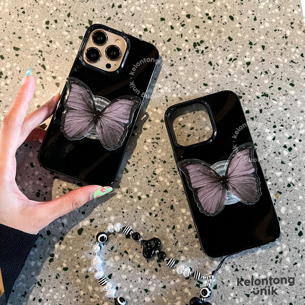 For iPhone - Black Glossy Case with Butterfly Griptok &amp; Phone Charm