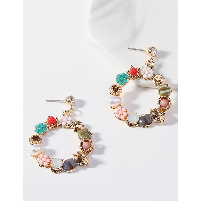 LRC Anting Tusuk Fashion Color Pearl Crystal Flower Circle Earrings F40691