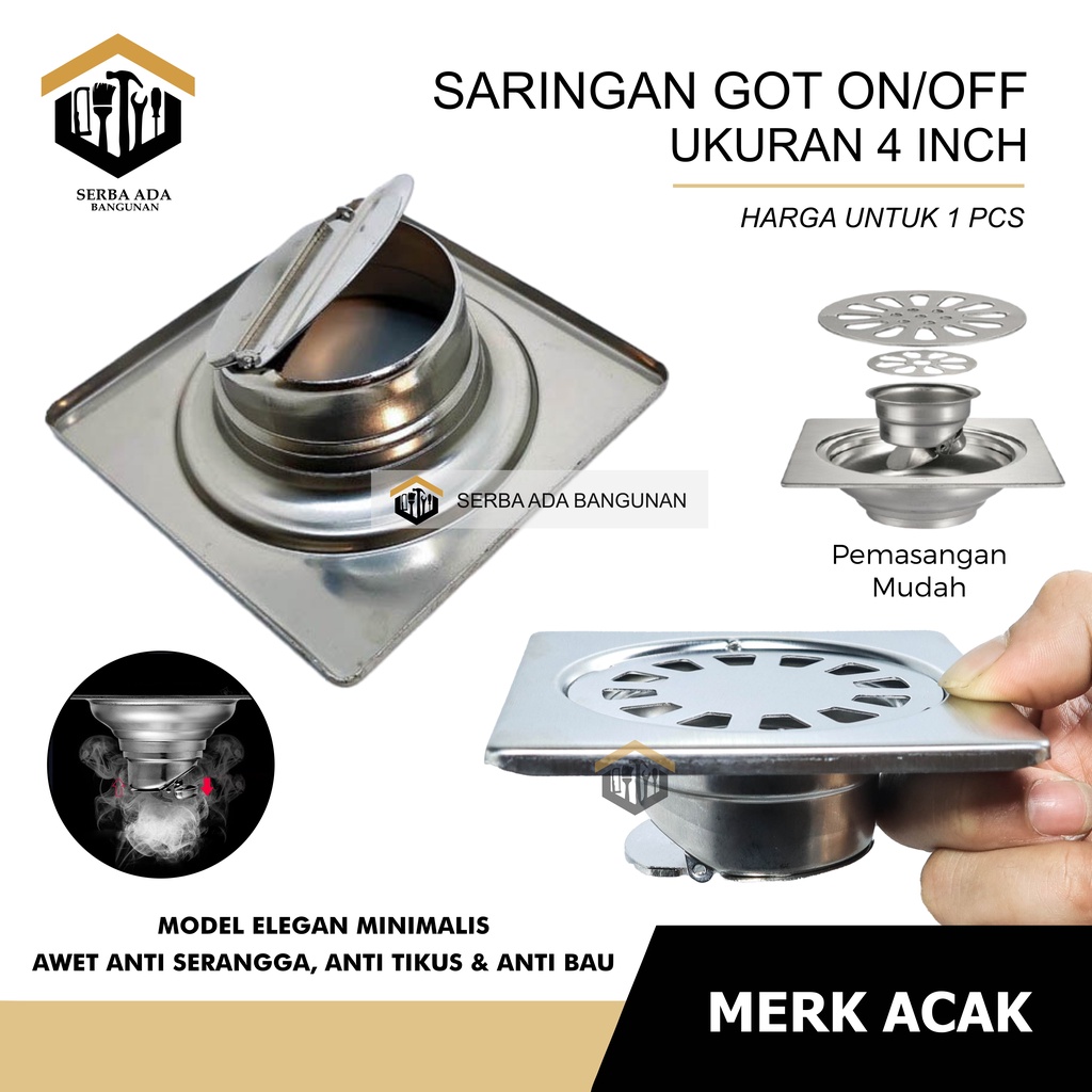 Floor Drain Sargot Kuningan Stainless - 4 Inch Model On Off ( OTOMATIS BUKA TUTUP) SARINGAN GOT ANTI BAUT KECOA