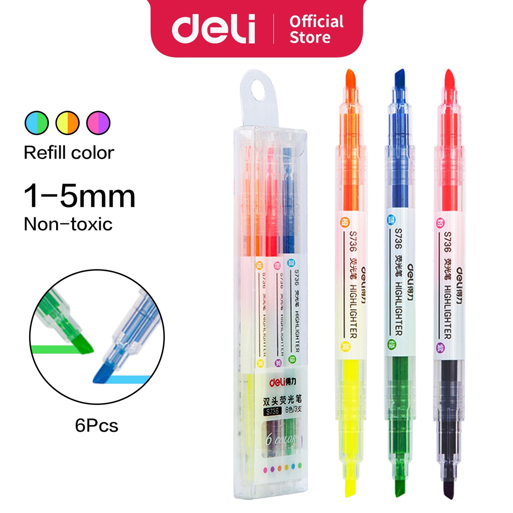 

Deli stabillo /highlighter ujung 2 warna 3pcs/pak 6 warna S736