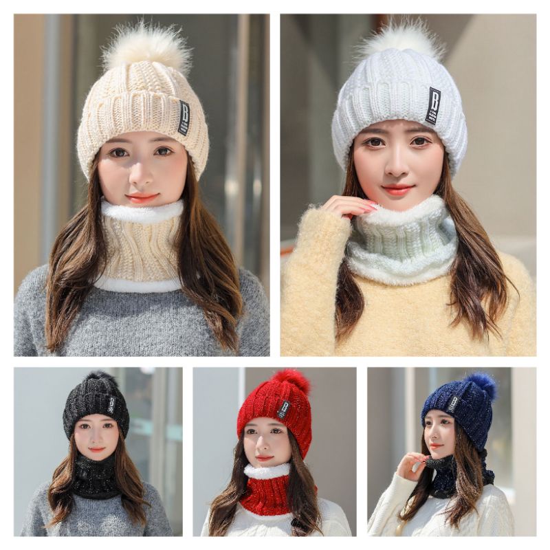 Winter Knitted Beanie Pompom Scarf Set Woman Fur Inside / Topi Kupluk + Syal