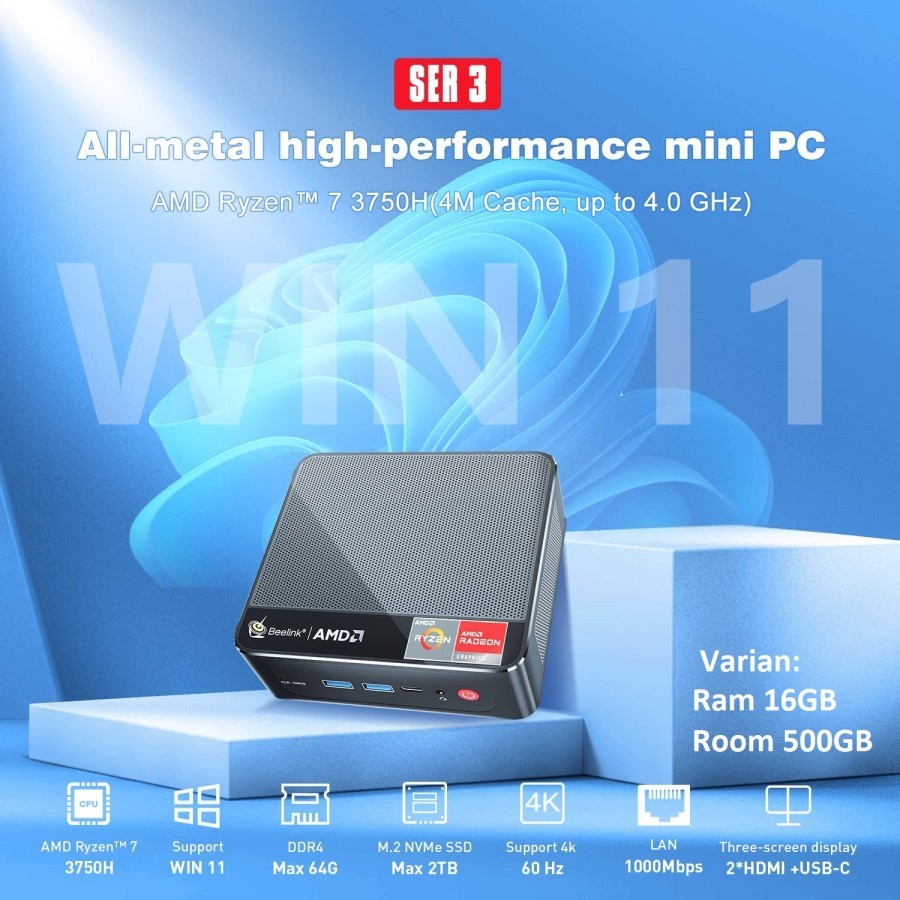 BEELINK SER3 AMD Ryzen 7 3750H MINI PC RAM 16GB DDR4 ROM 500GB Win 11