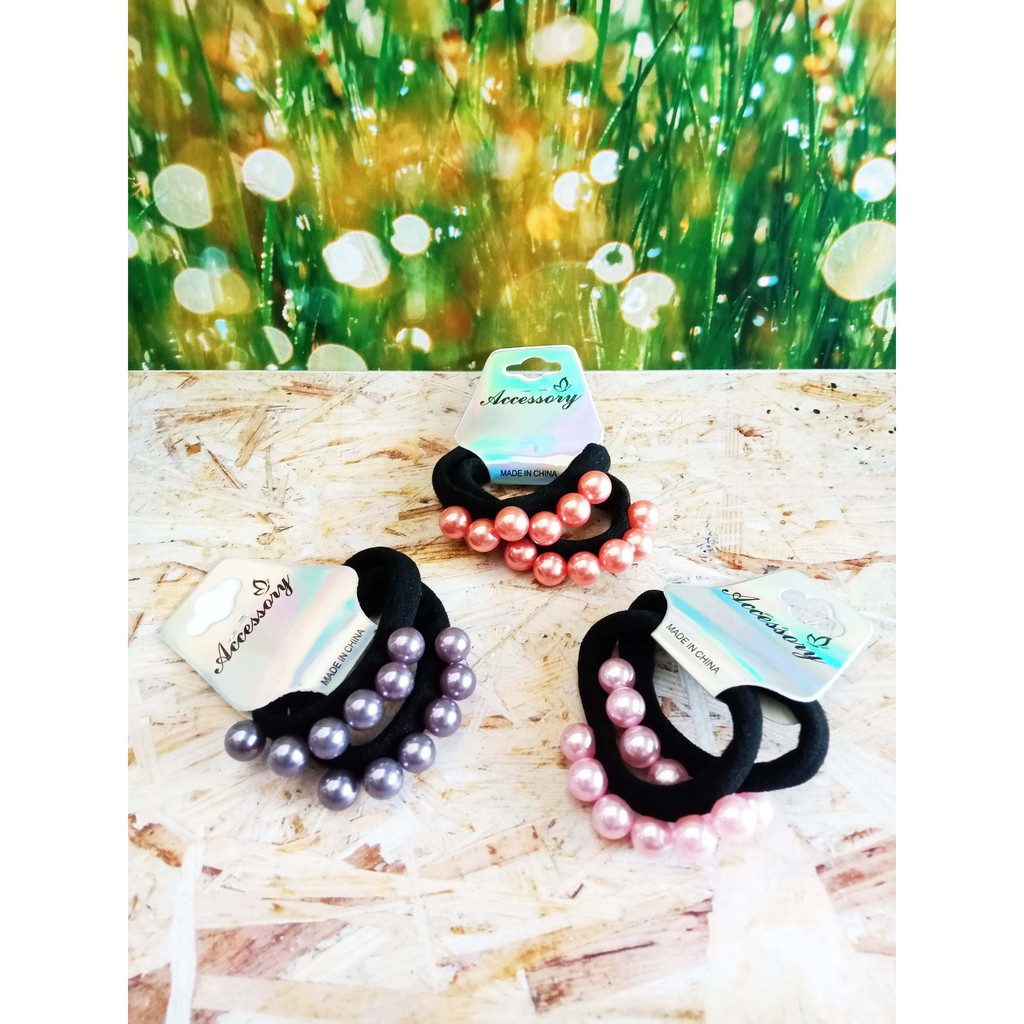 Isi 12 pcs Ikat Rambut seri Tali Karet Hitam Mutiara Multi Warna