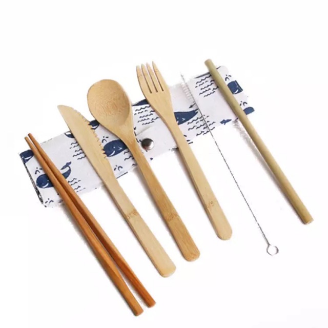 7 Pcs Bamboo Fiber Cutleries with Japanese Syle Pouch / Sendok Makan Set