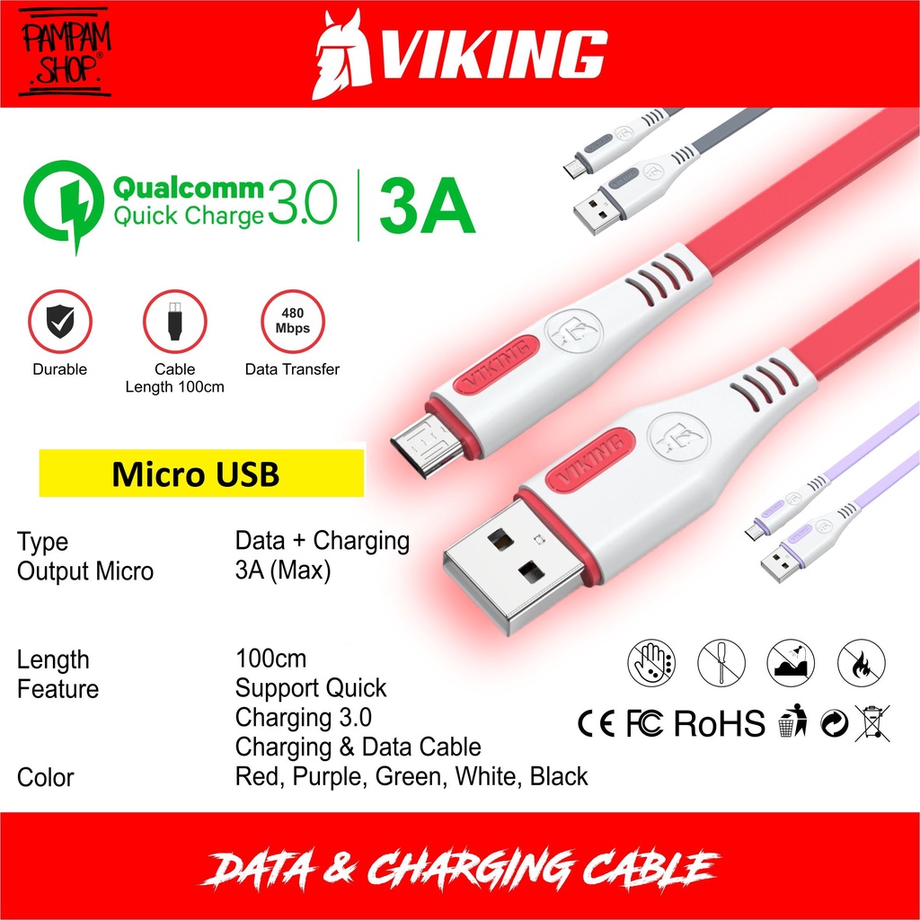 VIKING Kabel Data Micro USB 100cm Fast Charging 2.4A for Samsung XiaoMi Oppo Realme Vivo Mikro Cable