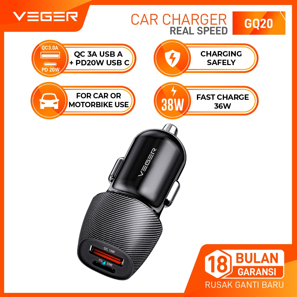 Veger Car Charger Mobil GQ20 2 Ports Quick Charge QC 3.0 + PD 20Watt