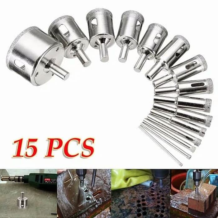 MURAH   Mata Bor Kaca 15 Pcs 3mm-45mm Bor Lubang Berlian Kaca Marmer Hole Saw