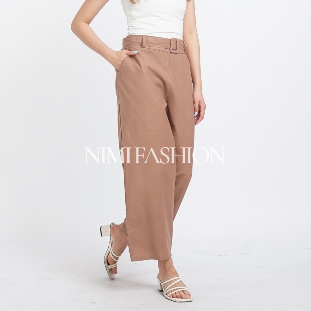 Celana Kulot Linen Highwaist Wanita / Wide Leg Free belt Culottes Linen Pants Premium