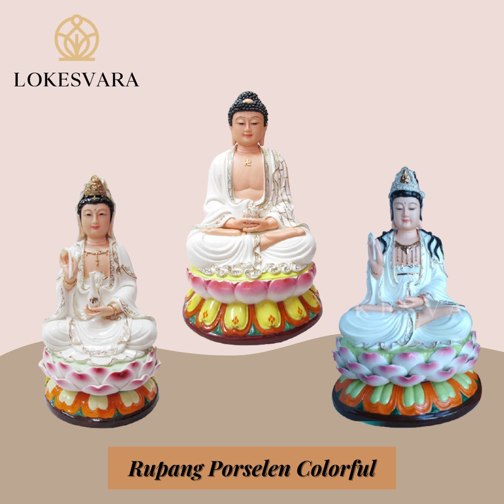 Rupang Patung Arca Buddha Amitabha Dan Guan Yin Kwan Im Avalokitesvara Bodhisattva Porselen Colorful