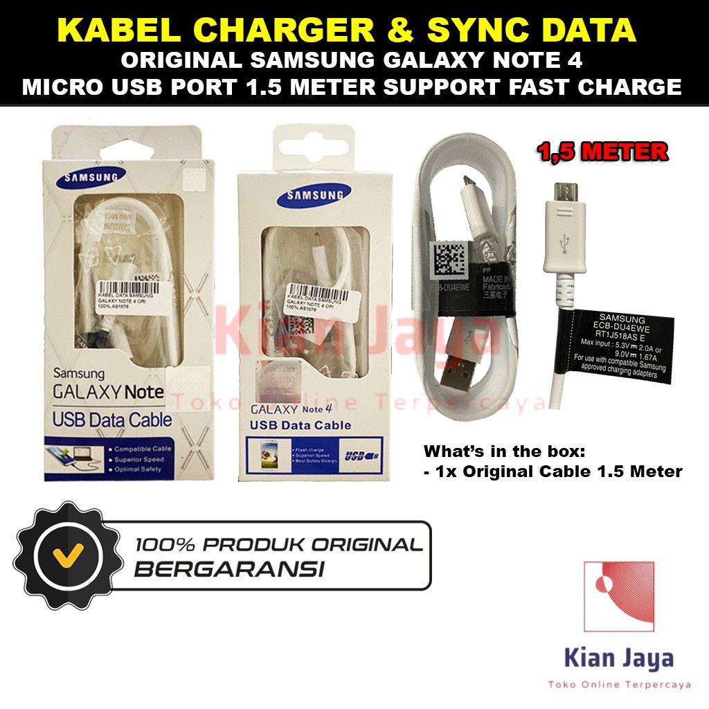 Kabel Charger Sync Data Original Samsung Galaxy Note 4 J2 Prime J5 J510 J3 G530 Grandprime Ori 100% Micro USB V8 Cable Casan Support Fast Charge