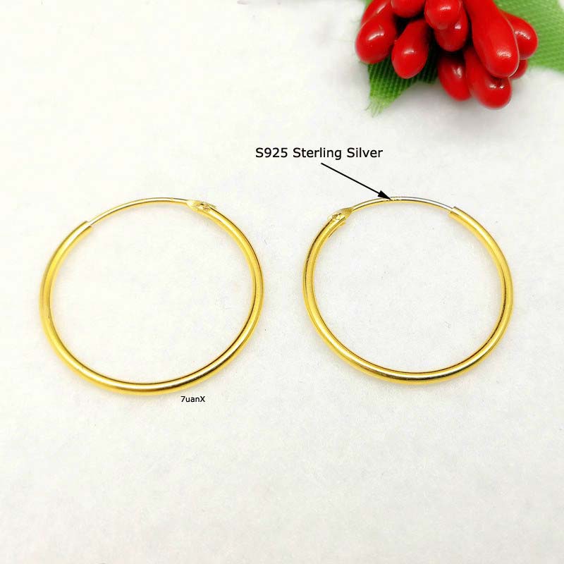 1 Pasang Anting Bulat Besar Lapis Emas 24K S925 Hypoallergenic 25-50mm