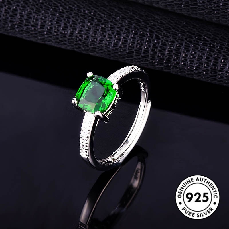 Cincin Sterling Silver 925 Dengan Berlian Imitasi Bentuk Kotak Warna Biru Untuk Wanita