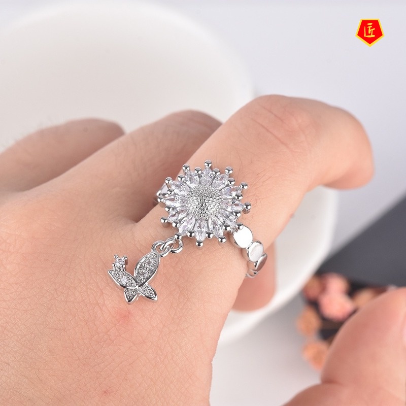 [Ready Stock]Creative Full Diamond Butterfly Opening Ring Luxury Flower Shape