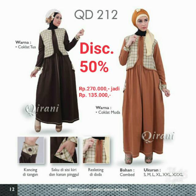 Gamis qirani promo diskon 50% ready coklat tua xl coklat muda m l