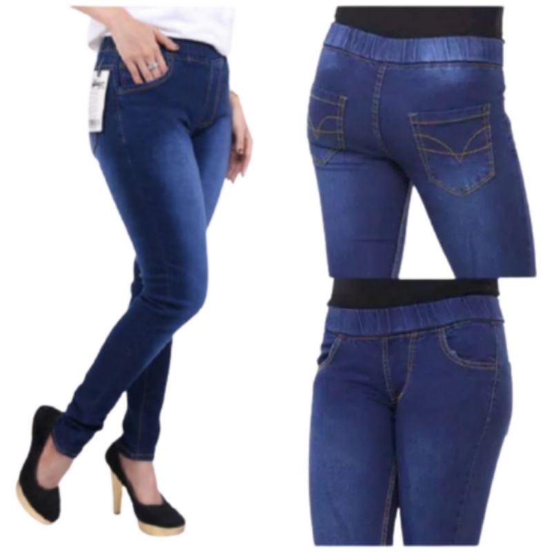 celana jeans pinggang karet lejing slim/ngaret/street