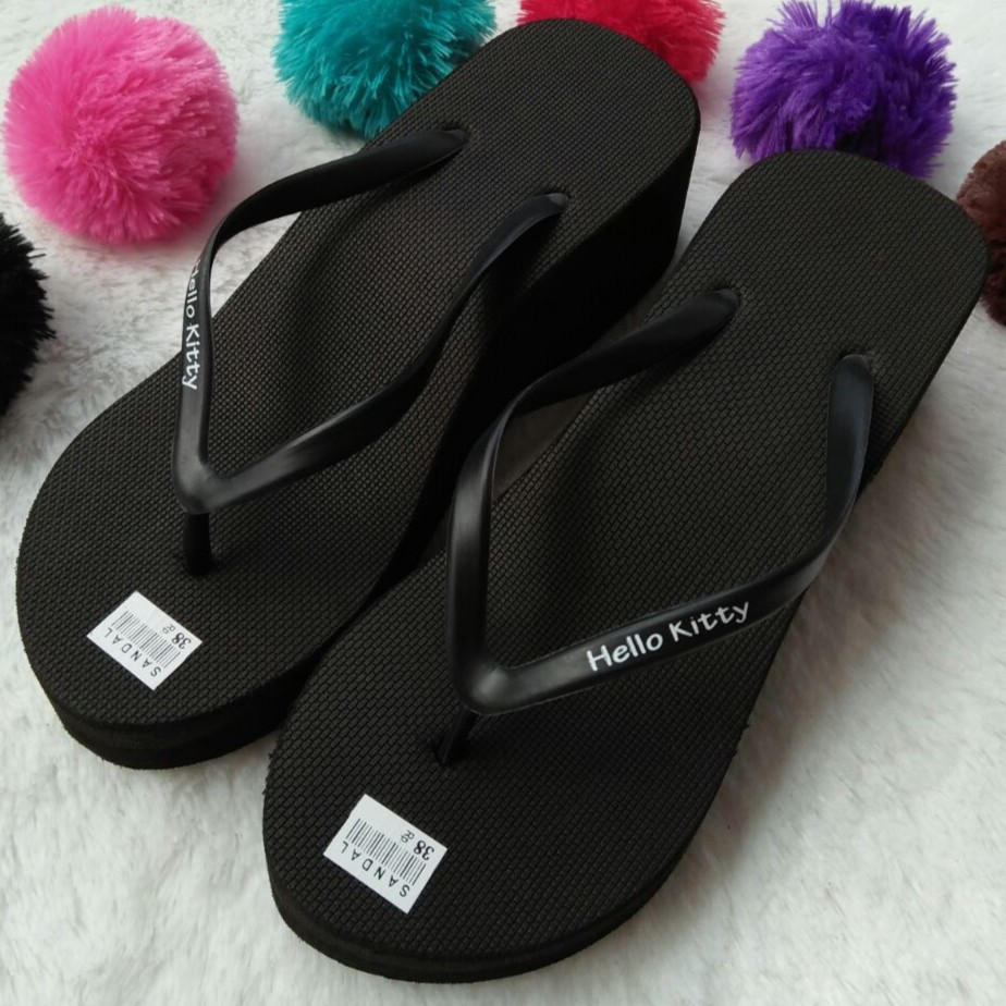 Sandal Wedges Spon Warna HITAM dengan JEPIT POLOS