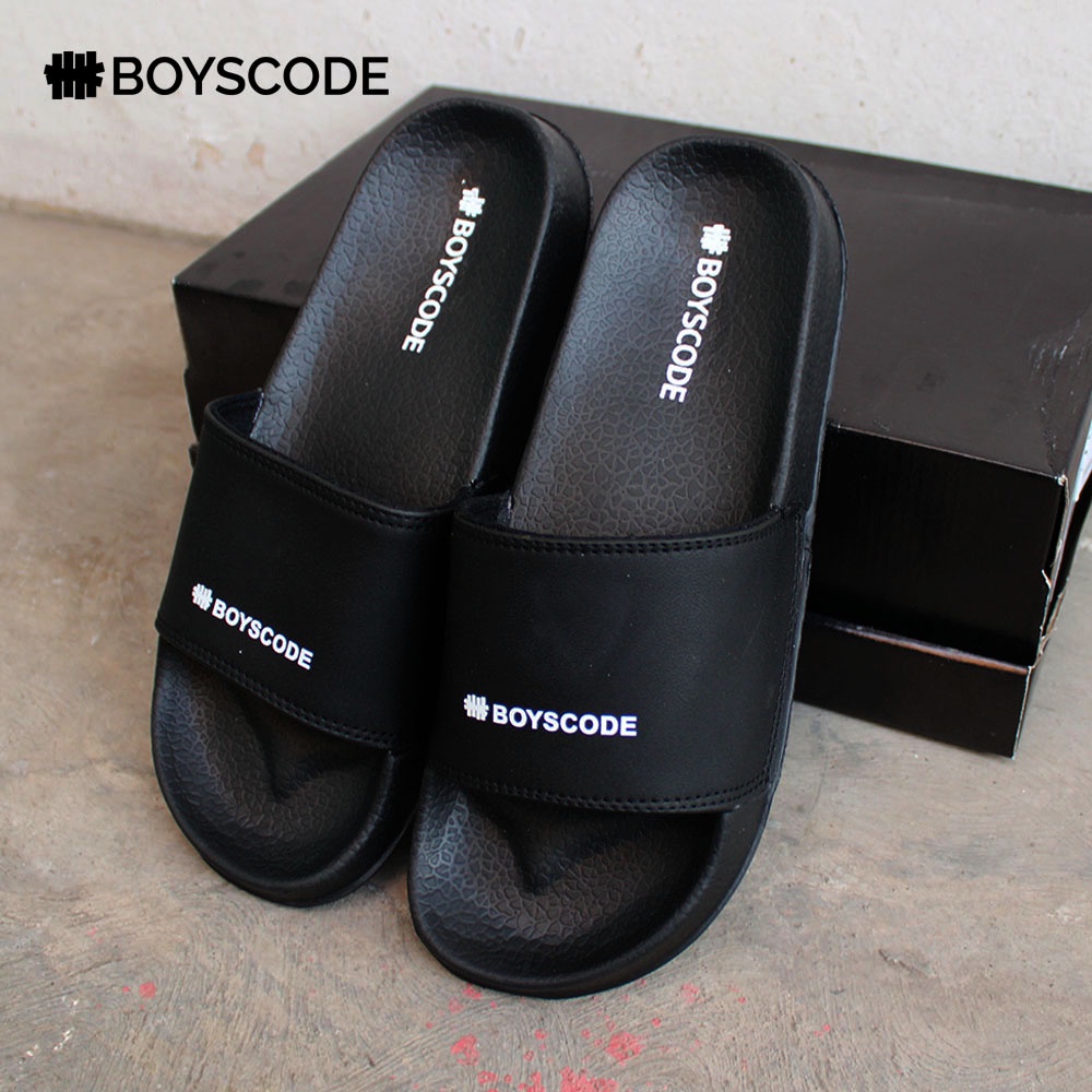 Sendal Slip On Pria Distro Terbaru Boyscode Middle Small Logo Fullblack / Sendal Slide Pria