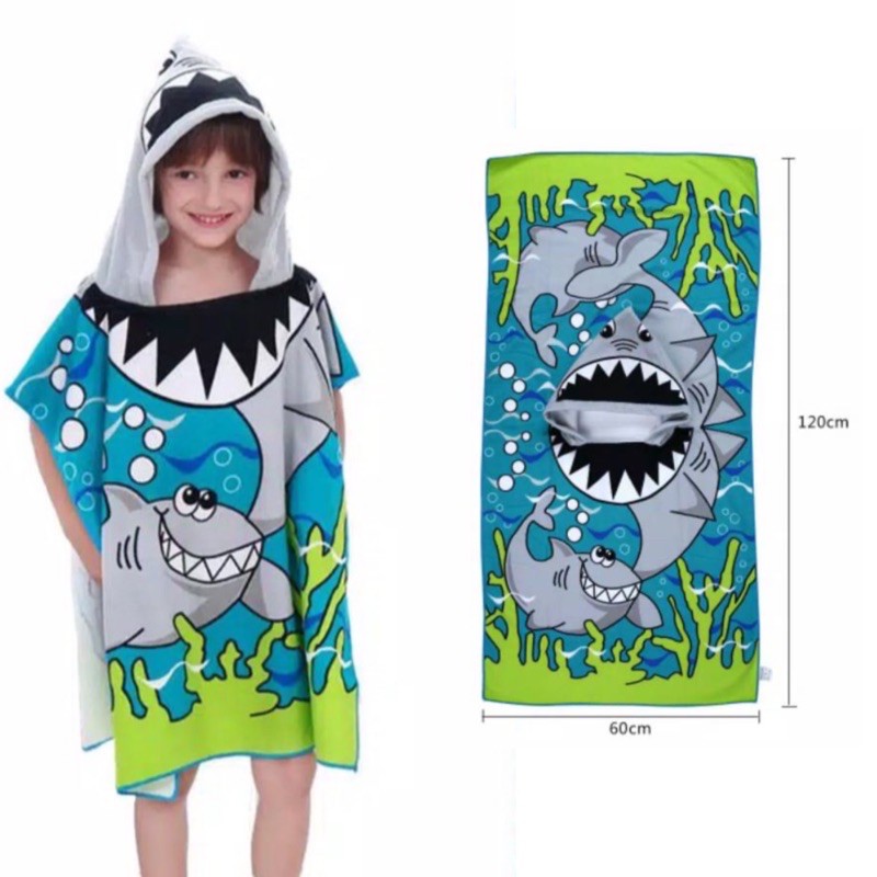Handuk Ponco Anak Motif Karakter Microfiber-Shark Tosca