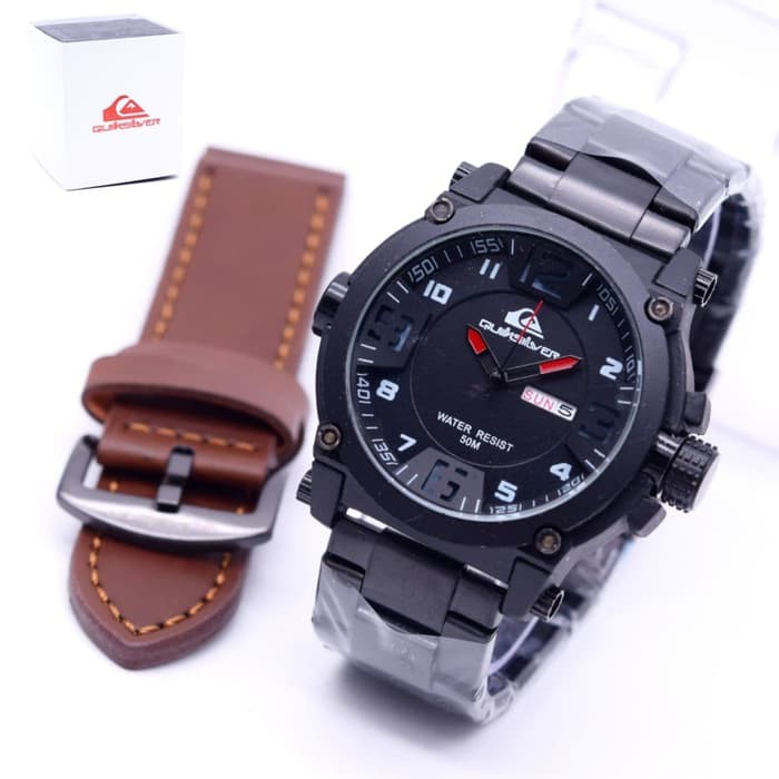 Jam Tangan Pria Quiksilver Rantai Paket Bonus Kulit Jarum Merah - Cokelat Muda
