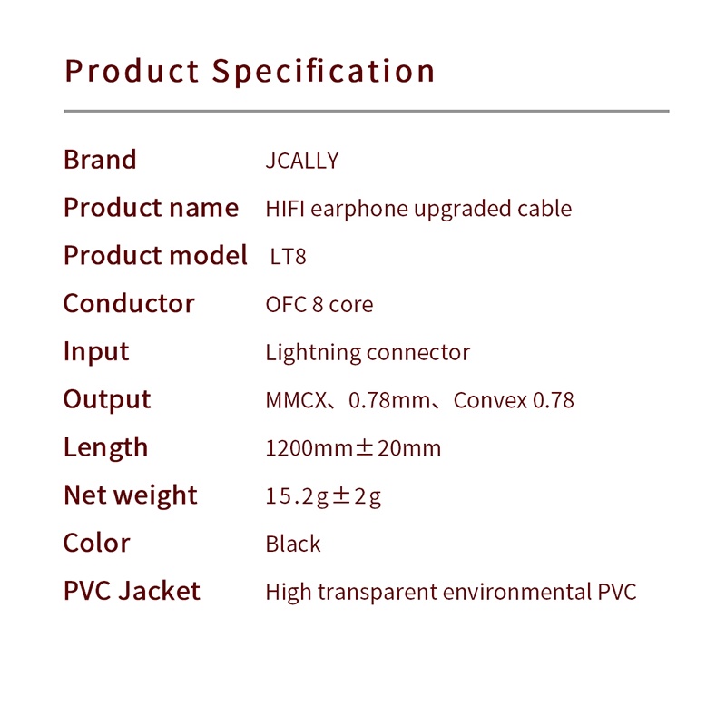 Jcally LT8 Kabel Upgrade Jack Lightning with Microphone iOS 5N OFC Upgrade wire 8 strands MFI C100 for KZ EDX Pro CCA CRA KZ DQ6 TRN MT1 Pro AZ09 Moondrop Aria SSP KZ ZST ZSN Pro X Nekocake TFZ Moondrop CHU