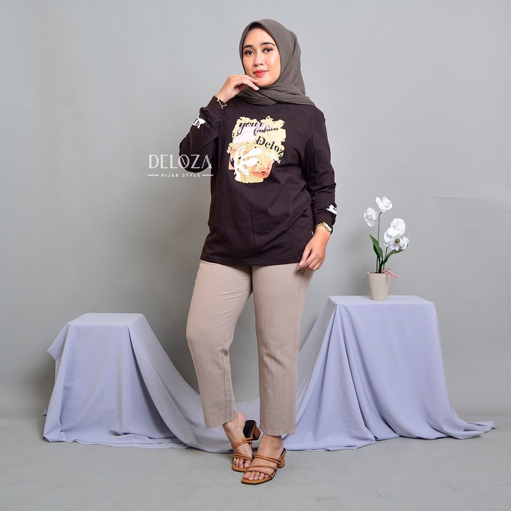 Deloza Kaos Wanita Lengan Panjang Terbaru Atasan Blouse Jumbo Original