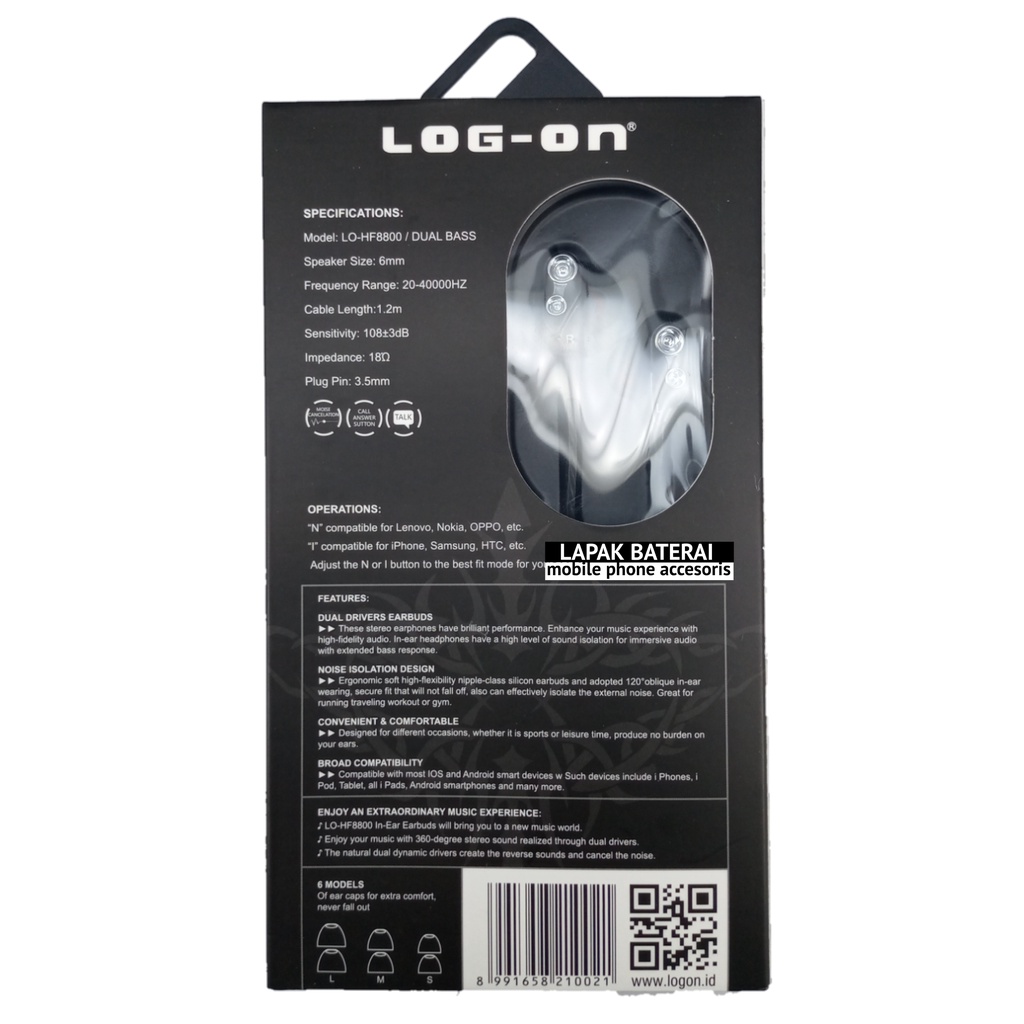 LOG - ON in ear EARPHONE DUAL DYNAMIC DRIVER / DUAL BASS - HF8800 headset handsfree