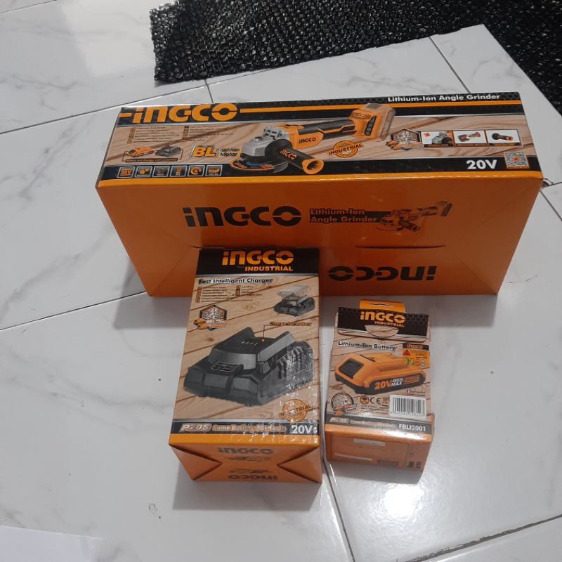 GERINDA CORDLESS ANGLE GRINDER INGCO CAGLI1002 BATERAI 2 aH DAN FAST CHARGER