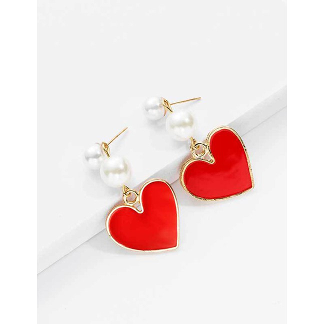 LRC Anting Tusuk Fashion Red Love Artificial pearl Earrings D44790