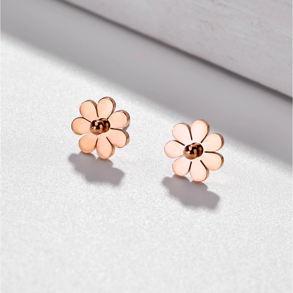 Anting Tusuk Titanium Aksen Bunga  Warna Steel Rose Gold, Gold dan Silver