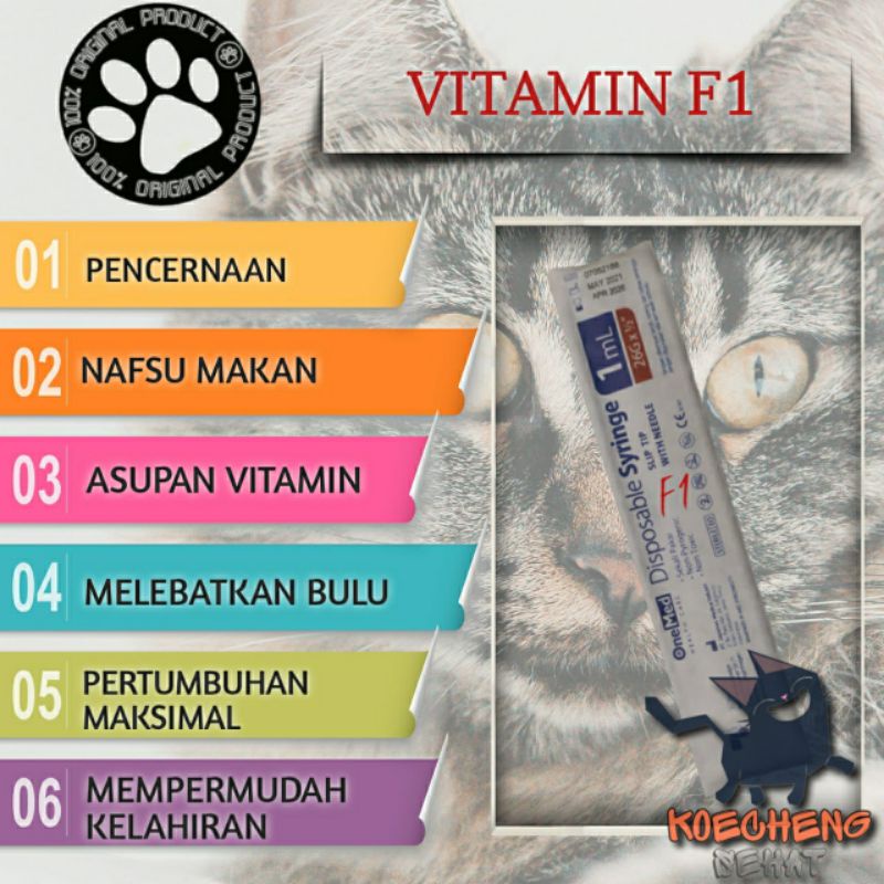 Vitamin kucing F1 suntik untuk pencernaan, nafsu makan, melebatkan bulu, pertumbuhan, asupan vitamin