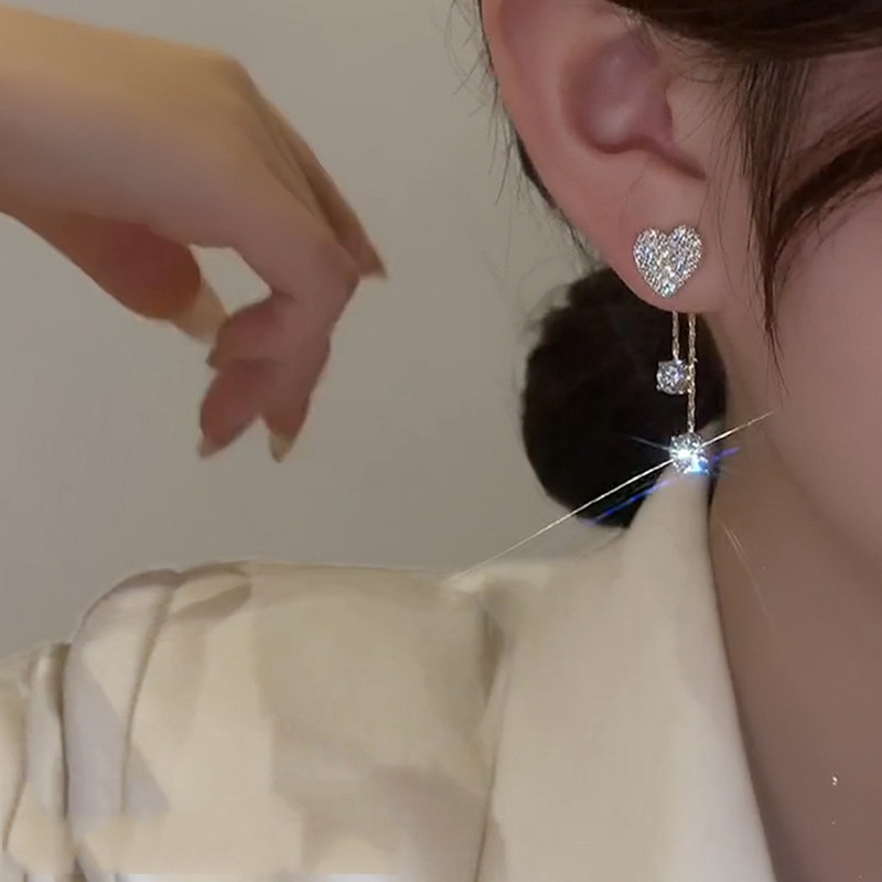 Anting Gantung Panjang Model Hati Dengan Rumbai Berlian Imitasi Gaya Korea Untuk Wanita