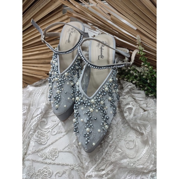 sepatu wedding wanita kiasya grey tali 10cm tahu