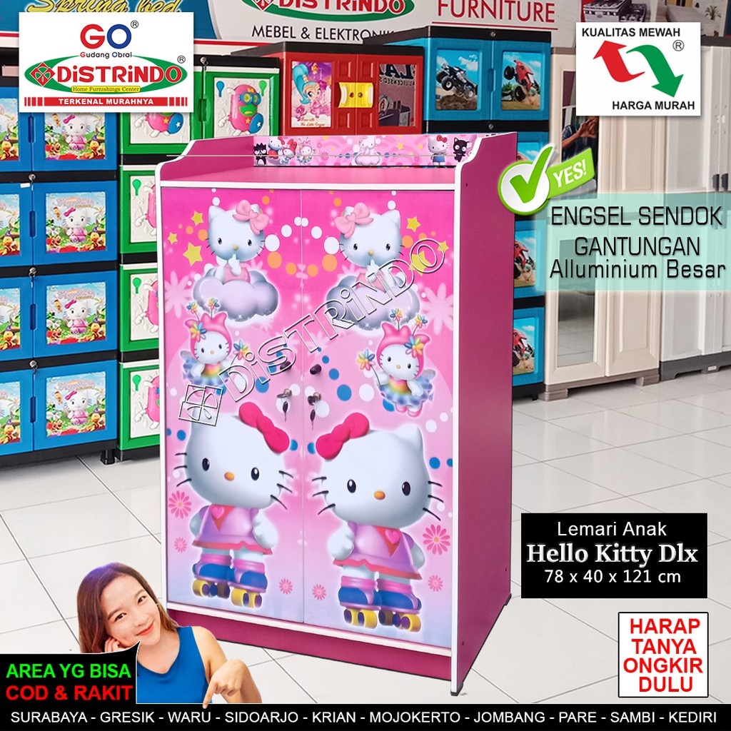 Distrindo - Lemari Anak Hello Kitty TEBAL Pakai Engsel Sendok Gantungan Pipa Aluminium Besar