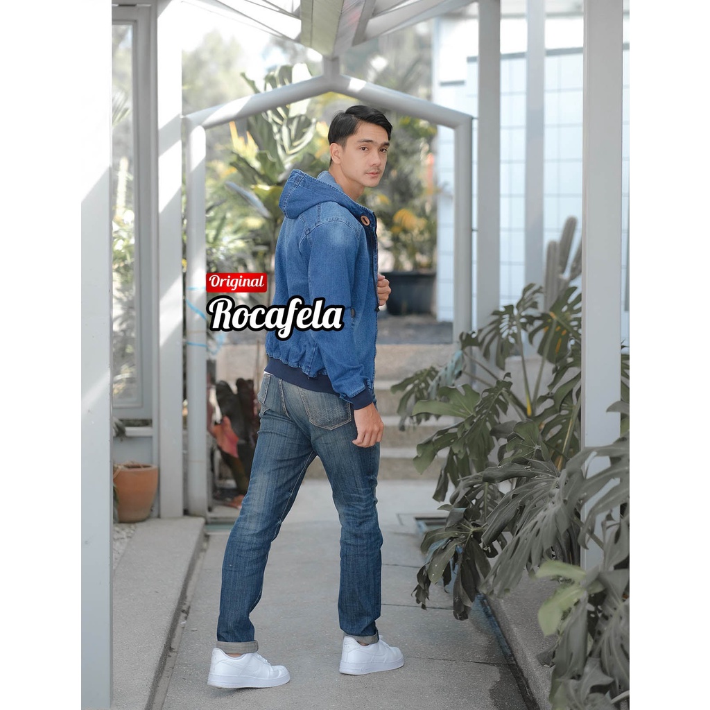 (Cod) Jaket Jeans Denim Kupluk Jaket Casual Pria Jaket Denim Pria Jaket Jeans Bomber Topi