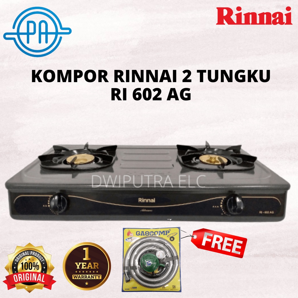 PROMO KOMPOR RINNAI RI 602 AG RI602AG  RI 602AG KOMPOR GAS 2 TUNGKU FREE SELANG REGULATOR SNI