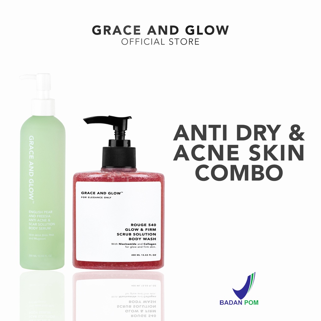 Grace and Glow Rouge 540 Glow &amp; Firm Scrub Solution Body Wash + English Pear and Freesia Anti Acne &amp; Scar Body Serum