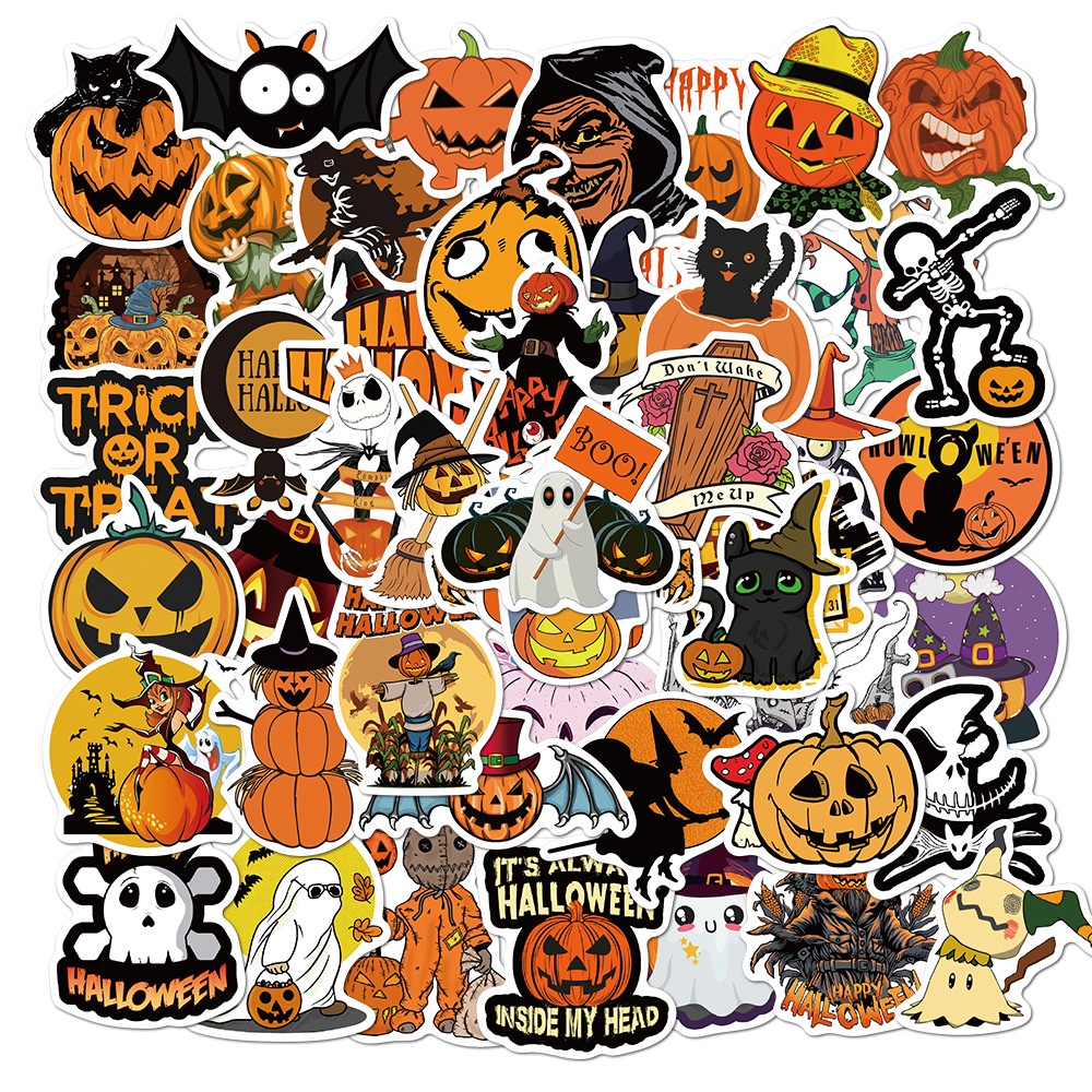 50 Pcs Halloween Theme Ghost Pumpkin Witch Pattern Waterproof Graffiti Stickers for Laptop Fridge Luggage Decoration