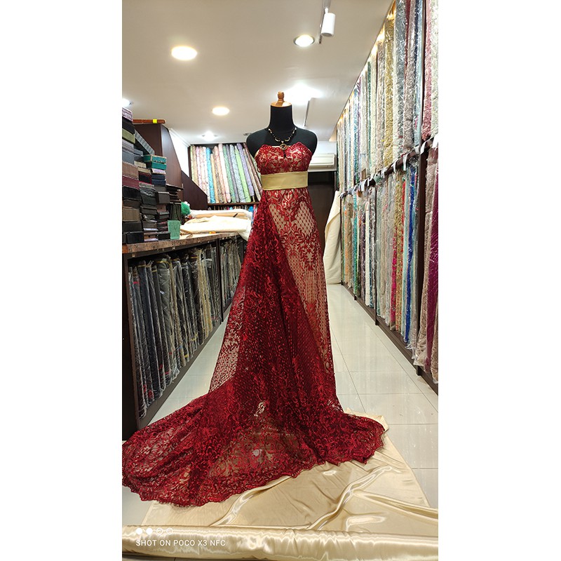 Kain Tile Lace Brokat Dress KEBAYA Bridal Bridesmaid Payet Merah