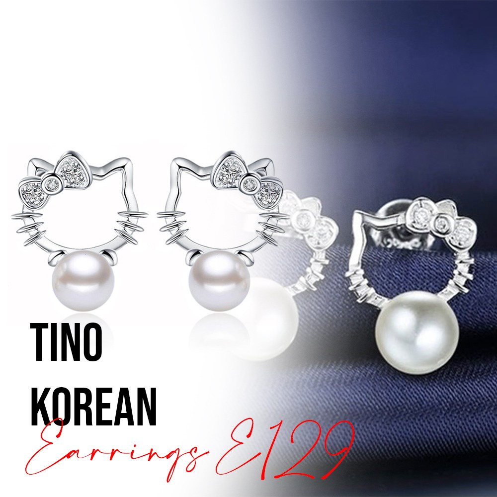 BTS-ERE129HK TINO Anting Lucu Gaya Korea Wanita Hello Kitty Mutiara/Anting Silver 925 Murah